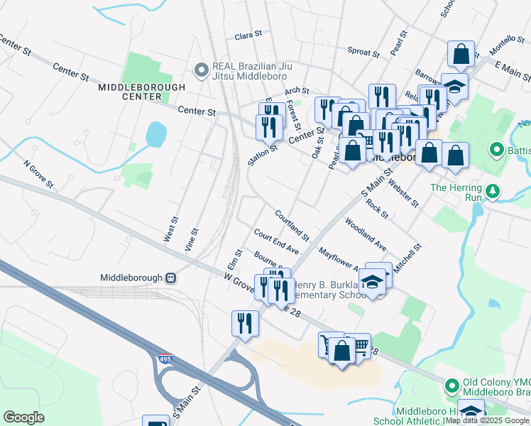 map of restaurants, bars, coffee shops, grocery stores, and more near 37 Courtland Street in Middleborough