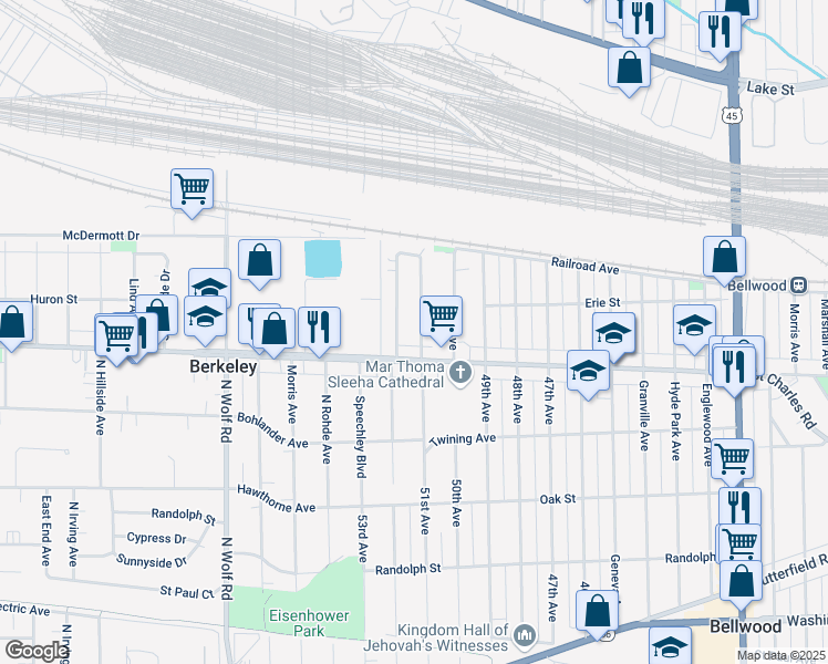 map of restaurants, bars, coffee shops, grocery stores, and more near 63 51st Avenue in Bellwood