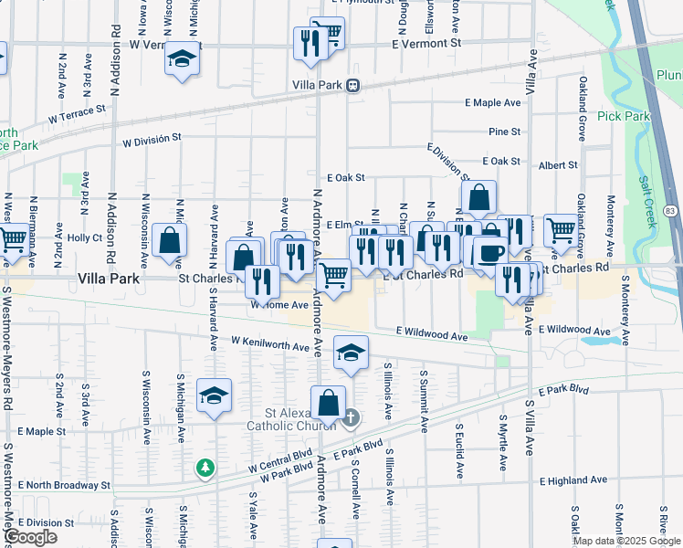 map of restaurants, bars, coffee shops, grocery stores, and more near 20 North Cornell Avenue in Villa Park