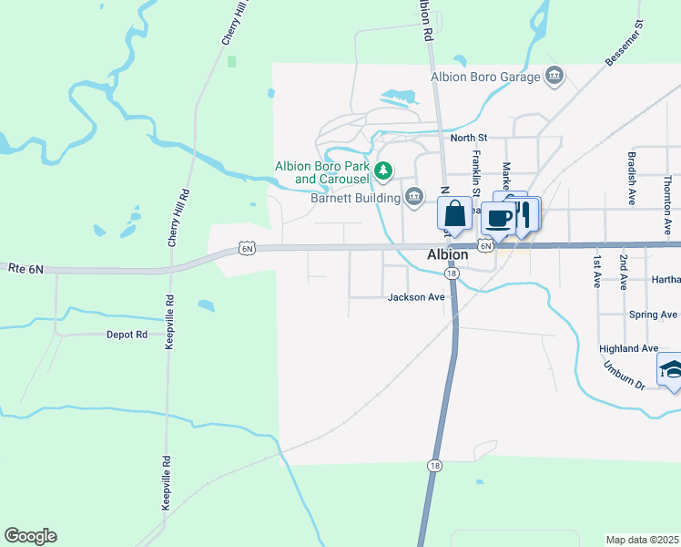 map of restaurants, bars, coffee shops, grocery stores, and more near 118 W State St in Albion