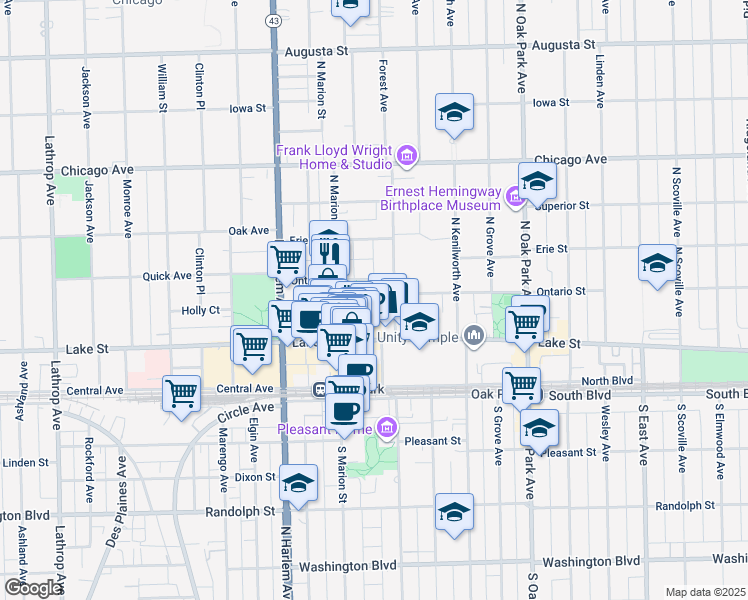 map of restaurants, bars, coffee shops, grocery stores, and more near 167 Forest Avenue in River Forest