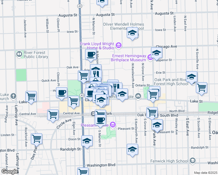 map of restaurants, bars, coffee shops, grocery stores, and more near 167 Forest Avenue in River Forest