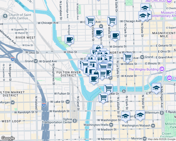 map of restaurants, bars, coffee shops, grocery stores, and more near 440 North Orleans Street in Chicago