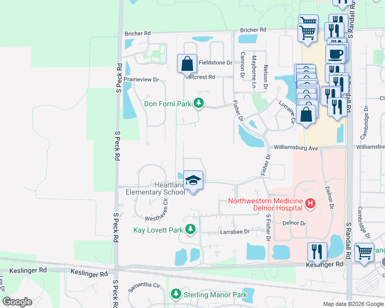 map of restaurants, bars, coffee shops, grocery stores, and more near 3329 Harvest Ridge Road in Geneva