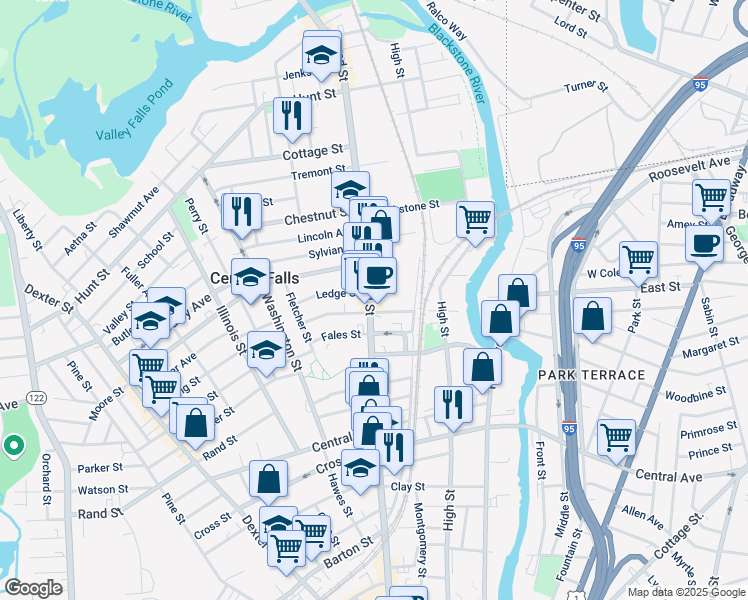 map of restaurants, bars, coffee shops, grocery stores, and more near 37 Sheridan Street in Central Falls