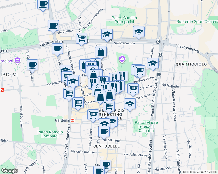map of restaurants, bars, coffee shops, grocery stores, and more near 120-150 Via delle Rose in Rome