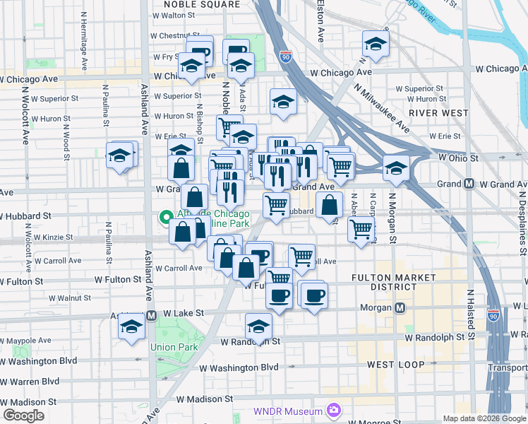 map of restaurants, bars, coffee shops, grocery stores, and more near N Ogden Ave & W Hubbard St in Chicago