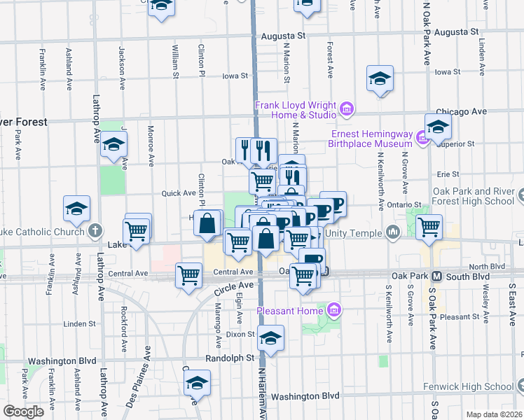 map of restaurants, bars, coffee shops, grocery stores, and more near 479 North Harlem Avenue in Oak Park