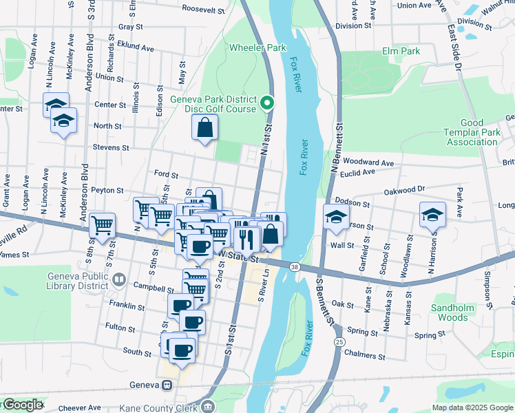 map of restaurants, bars, coffee shops, grocery stores, and more near 228 North 1st Street in Geneva