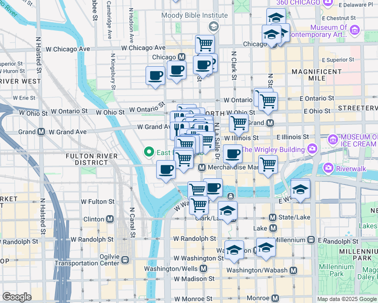 map of restaurants, bars, coffee shops, grocery stores, and more near 221 West Hubbard Street in Chicago
