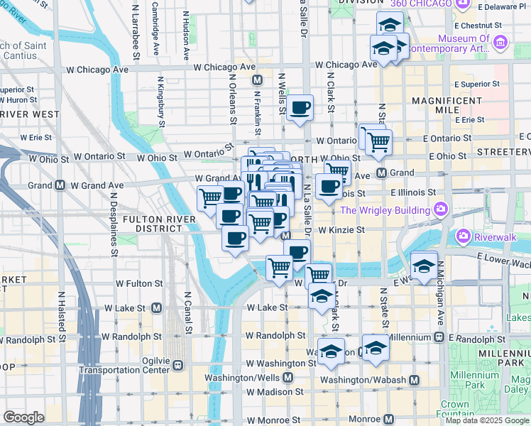 map of restaurants, bars, coffee shops, grocery stores, and more near 222 West Hubbard Street in Chicago