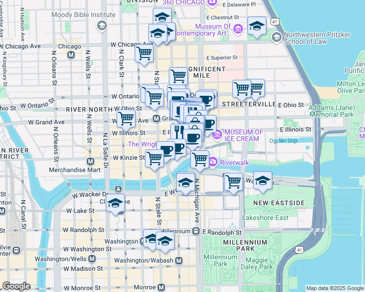 map of restaurants, bars, coffee shops, grocery stores, and more near 55 East Grand Avenue in Chicago