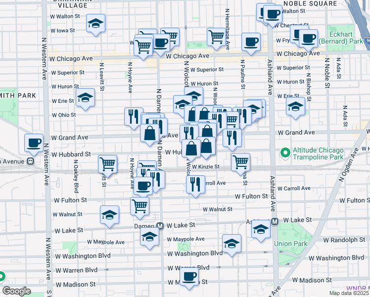 map of restaurants, bars, coffee shops, grocery stores, and more near 1913 West Grand Avenue in Chicago