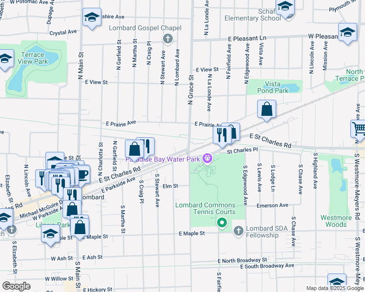 map of restaurants, bars, coffee shops, grocery stores, and more near 396 East Saint Charles Road in Lombard