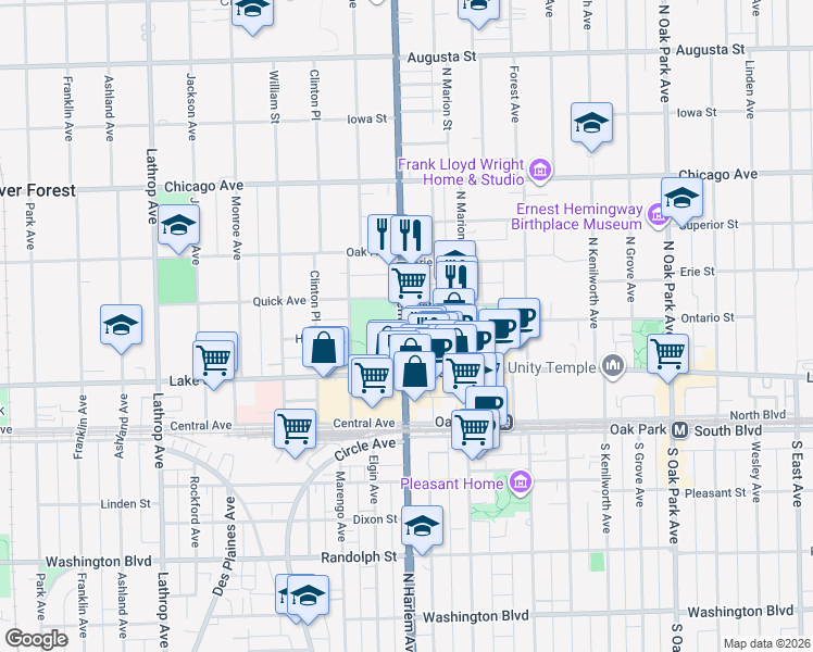 map of restaurants, bars, coffee shops, grocery stores, and more near 479 North Harlem Avenue in Oak Park