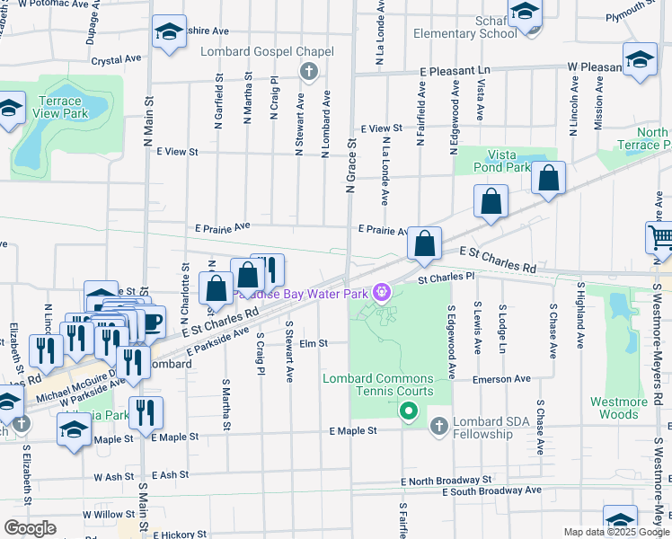map of restaurants, bars, coffee shops, grocery stores, and more near 396 East Saint Charles Road in Lombard