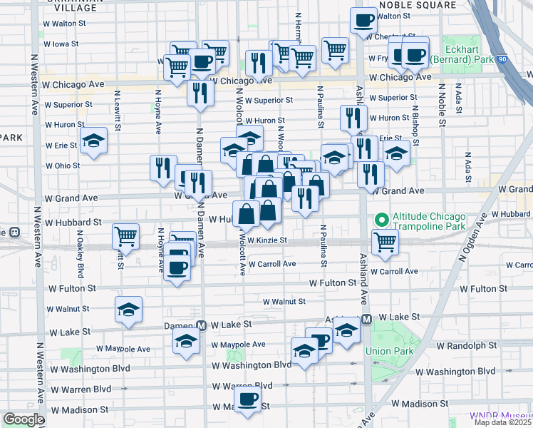 map of restaurants, bars, coffee shops, grocery stores, and more near 1837 West Grand Avenue in Chicago