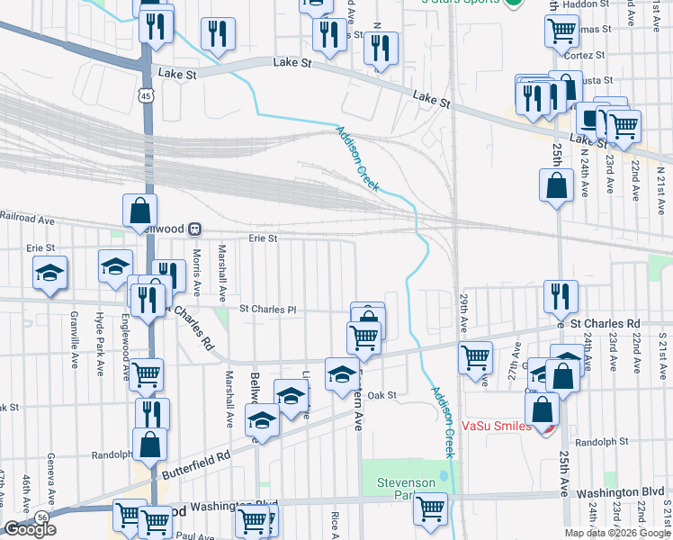 map of restaurants, bars, coffee shops, grocery stores, and more near 115 Rice Avenue in Bellwood
