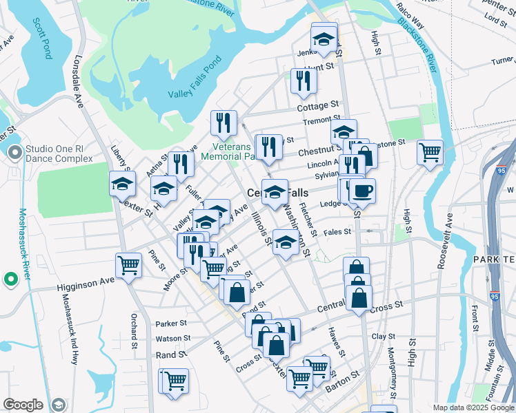 map of restaurants, bars, coffee shops, grocery stores, and more near 281 Illinois Street in Central Falls