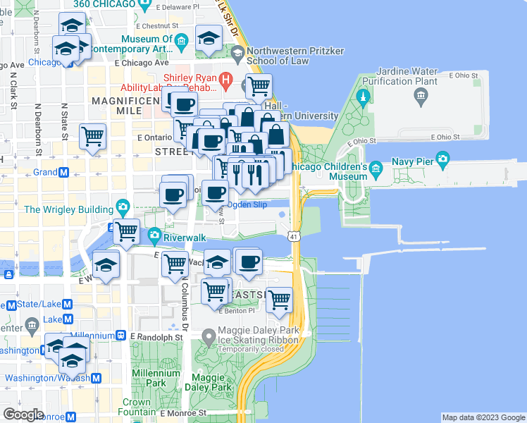map of restaurants, bars, coffee shops, grocery stores, and more near 465 North McClurg Court in Chicago