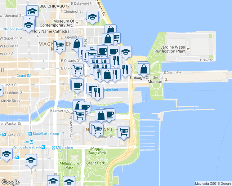 map of restaurants, bars, coffee shops, grocery stores, and more near 465 North McClurg Court in Chicago