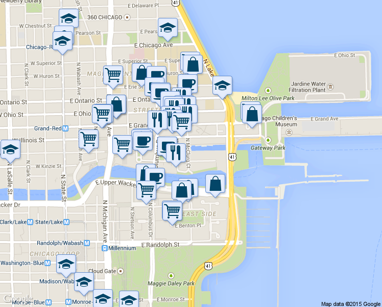 map of restaurants, bars, coffee shops, grocery stores, and more near 480 North McClurg Court in Chicago