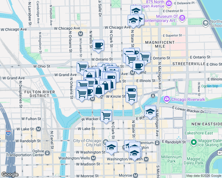map of restaurants, bars, coffee shops, grocery stores, and more near 111 West Illinois Street in Chicago