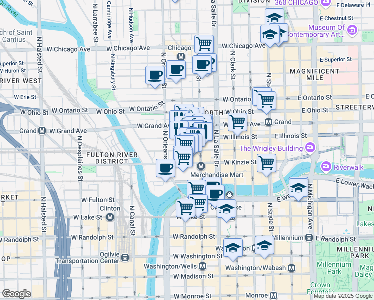 map of restaurants, bars, coffee shops, grocery stores, and more near 444 North Wells Street in Chicago