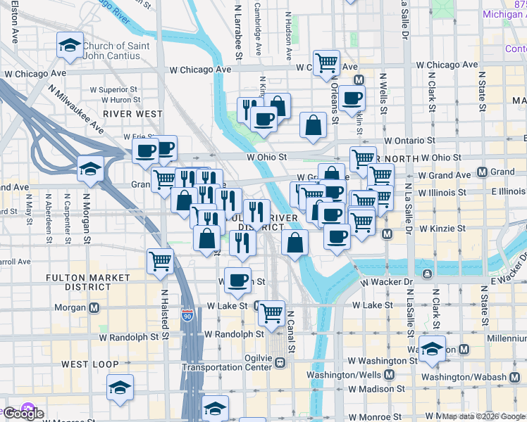map of restaurants, bars, coffee shops, grocery stores, and more near 486 North Clinton Street in Chicago