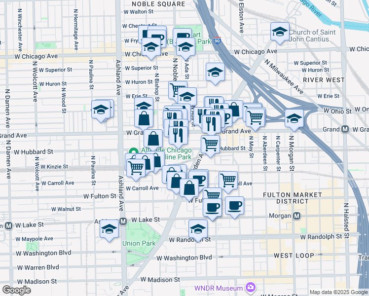 map of restaurants, bars, coffee shops, grocery stores, and more near in Chicago