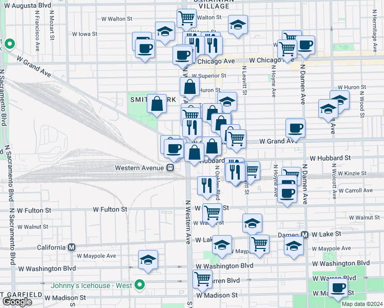 map of restaurants, bars, coffee shops, grocery stores, and more near 2405 West Grand Avenue in Chicago