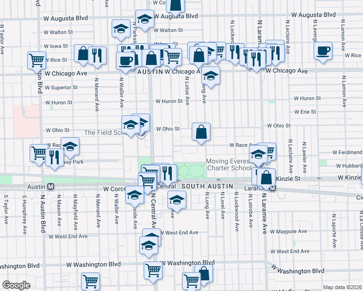 map of restaurants, bars, coffee shops, grocery stores, and more near 5440 West Race Avenue in Chicago