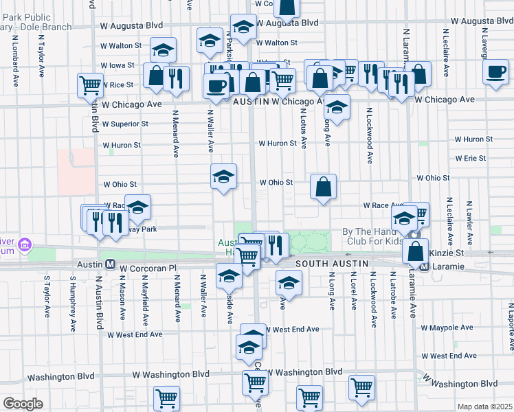 map of restaurants, bars, coffee shops, grocery stores, and more near 535 North Central Avenue in Chicago