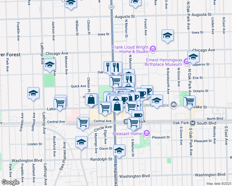 map of restaurants, bars, coffee shops, grocery stores, and more near 544 North Harlem Avenue in River Forest