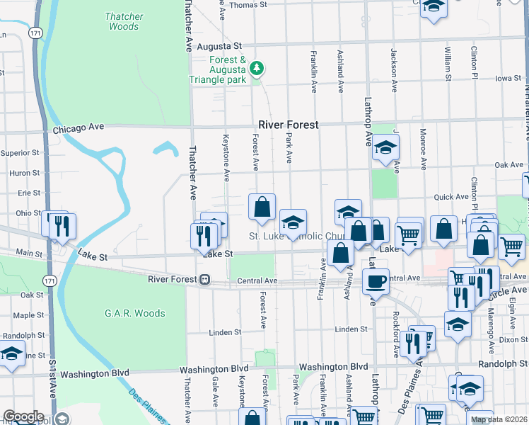 map of restaurants, bars, coffee shops, grocery stores, and more near 562 Forest Avenue in River Forest