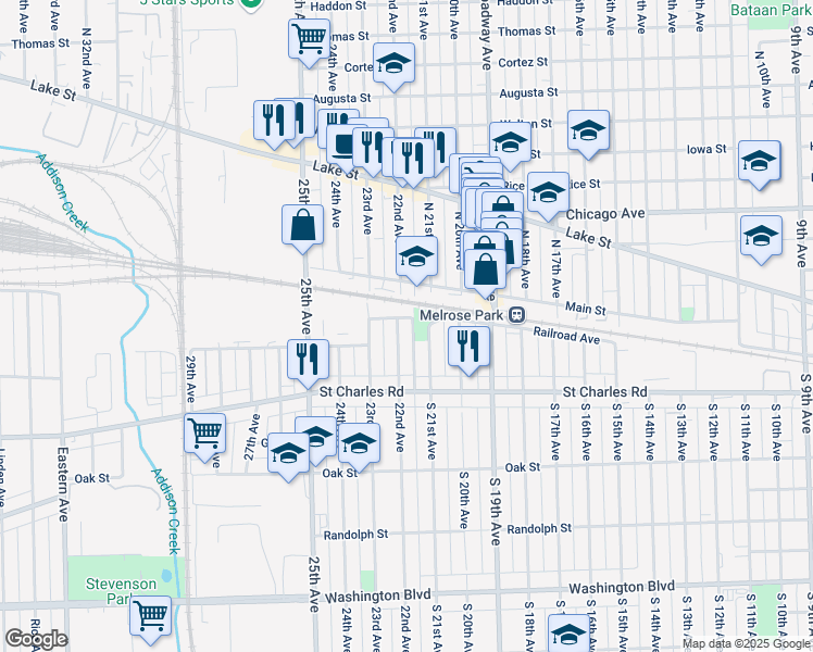 map of restaurants, bars, coffee shops, grocery stores, and more near 2 South 21st Avenue in Maywood