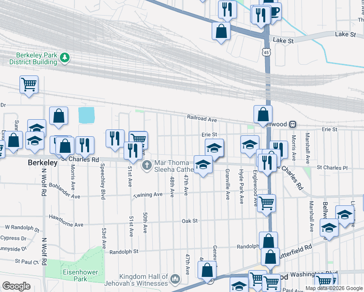 map of restaurants, bars, coffee shops, grocery stores, and more near 100 47th Avenue in Bellwood