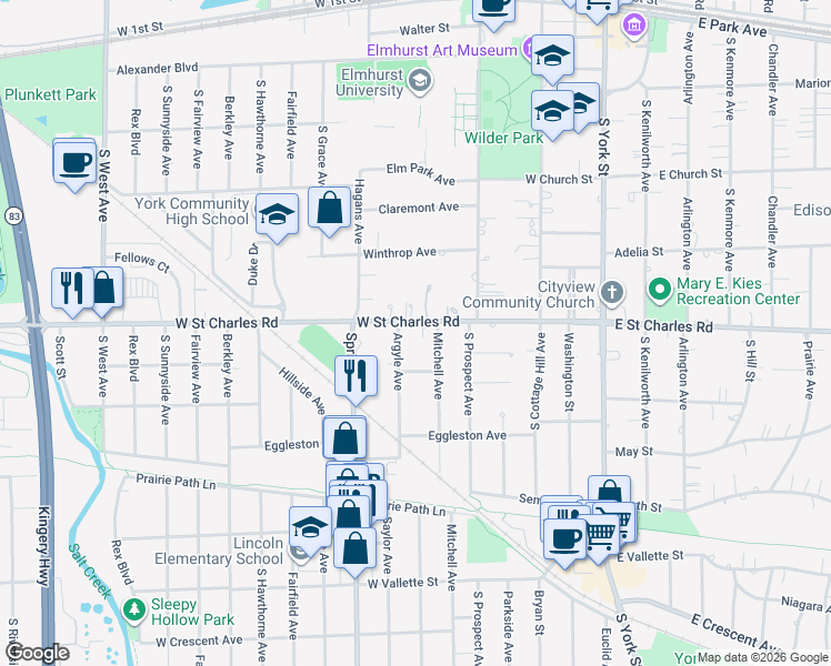 map of restaurants, bars, coffee shops, grocery stores, and more near in Elmhurst