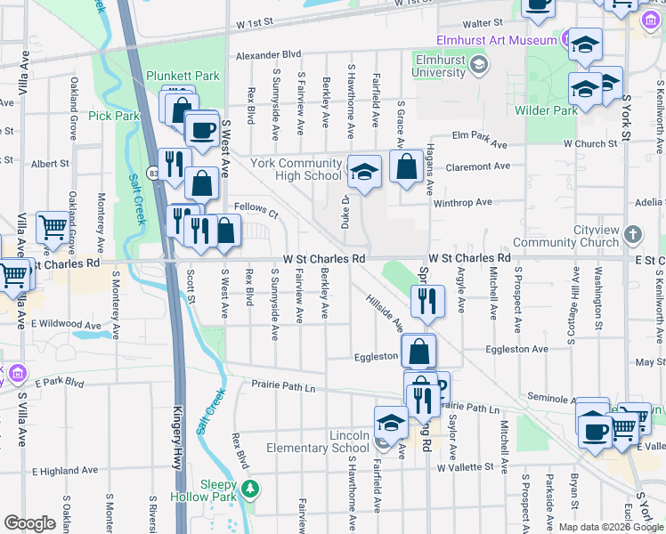 map of restaurants, bars, coffee shops, grocery stores, and more near 396 West Saint Charles Road in Elmhurst