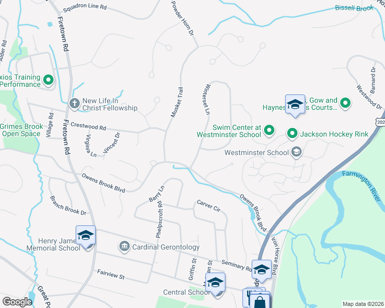 map of restaurants, bars, coffee shops, grocery stores, and more near 5 Winterset Lane in Simsbury