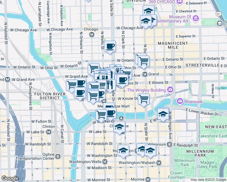 map of restaurants, bars, coffee shops, grocery stores, and more near 640 North LaSalle Street in Chicago