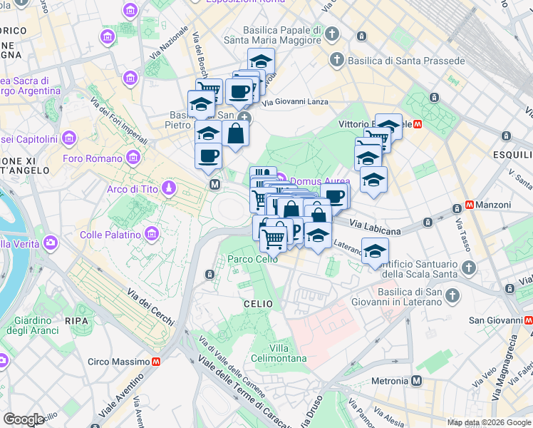 map of restaurants, bars, coffee shops, grocery stores, and more near 12 Via di San Giovanni in Laterano in Rome