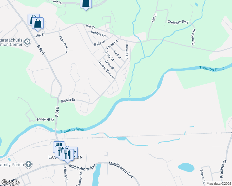 map of restaurants, bars, coffee shops, grocery stores, and more near 5 Tucker Terrace in Raynham