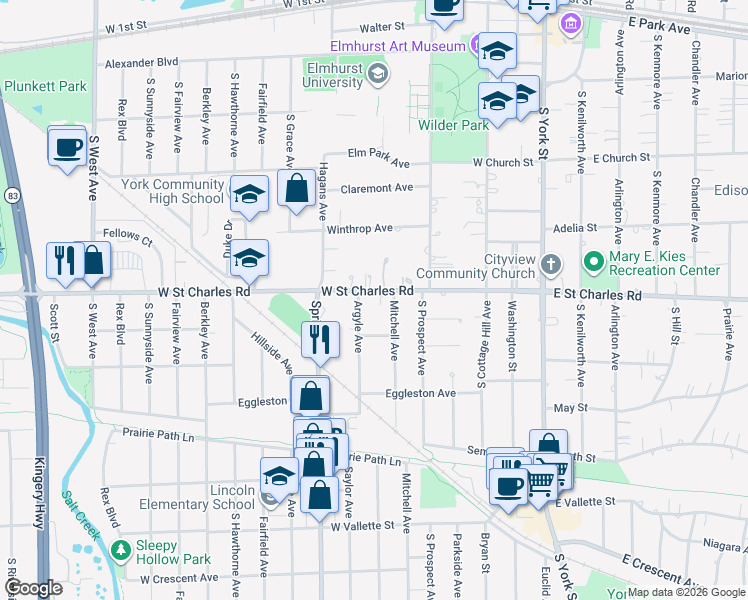 map of restaurants, bars, coffee shops, grocery stores, and more near in Elmhurst