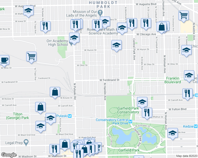 map of restaurants, bars, coffee shops, grocery stores, and more near 501 North Avers Avenue in Chicago
