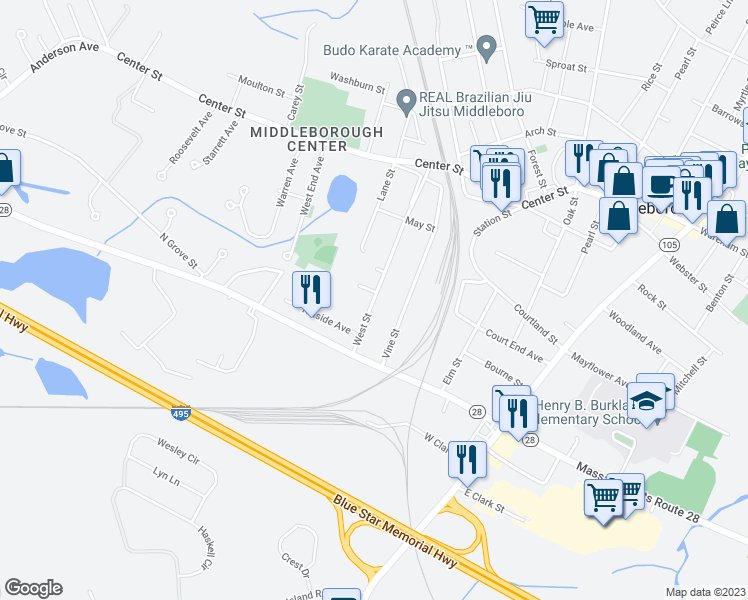 map of restaurants, bars, coffee shops, grocery stores, and more near 90 West Street in Middleborough