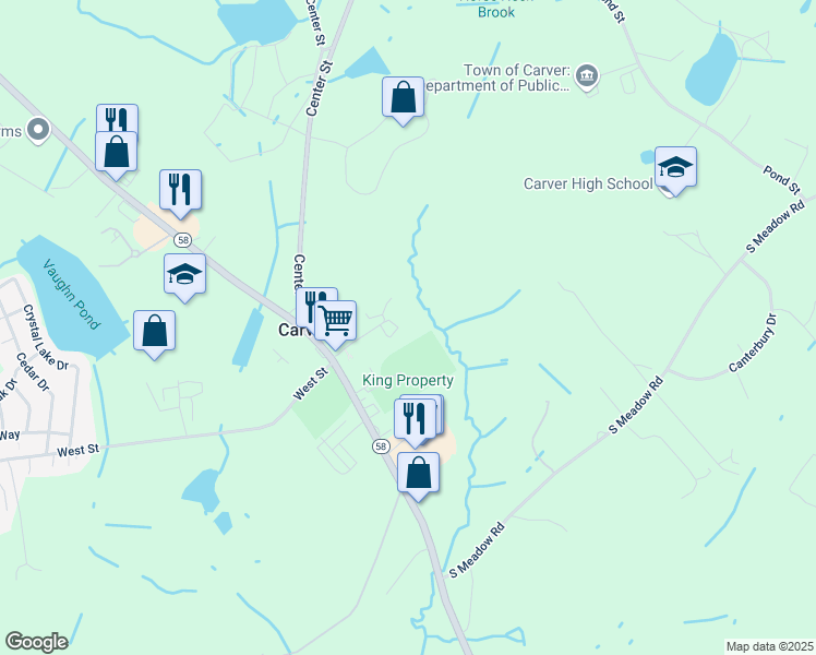 map of restaurants, bars, coffee shops, grocery stores, and more near 9 Meadowbrook Way in Carver