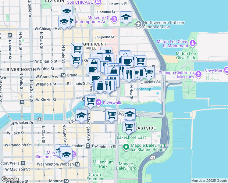 map of restaurants, bars, coffee shops, grocery stores, and more near 455 Cityfront Plaza Drive in Chicago
