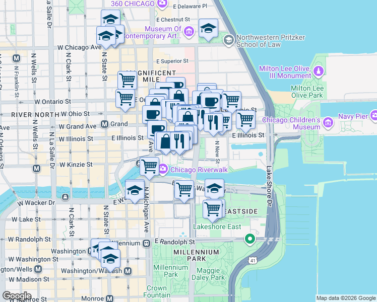map of restaurants, bars, coffee shops, grocery stores, and more near 455 North Cityfront Plaza Drive in Chicago