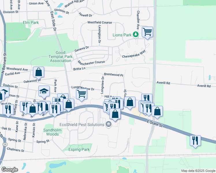 map of restaurants, bars, coffee shops, grocery stores, and more near 420 Greenfield Circle in Geneva